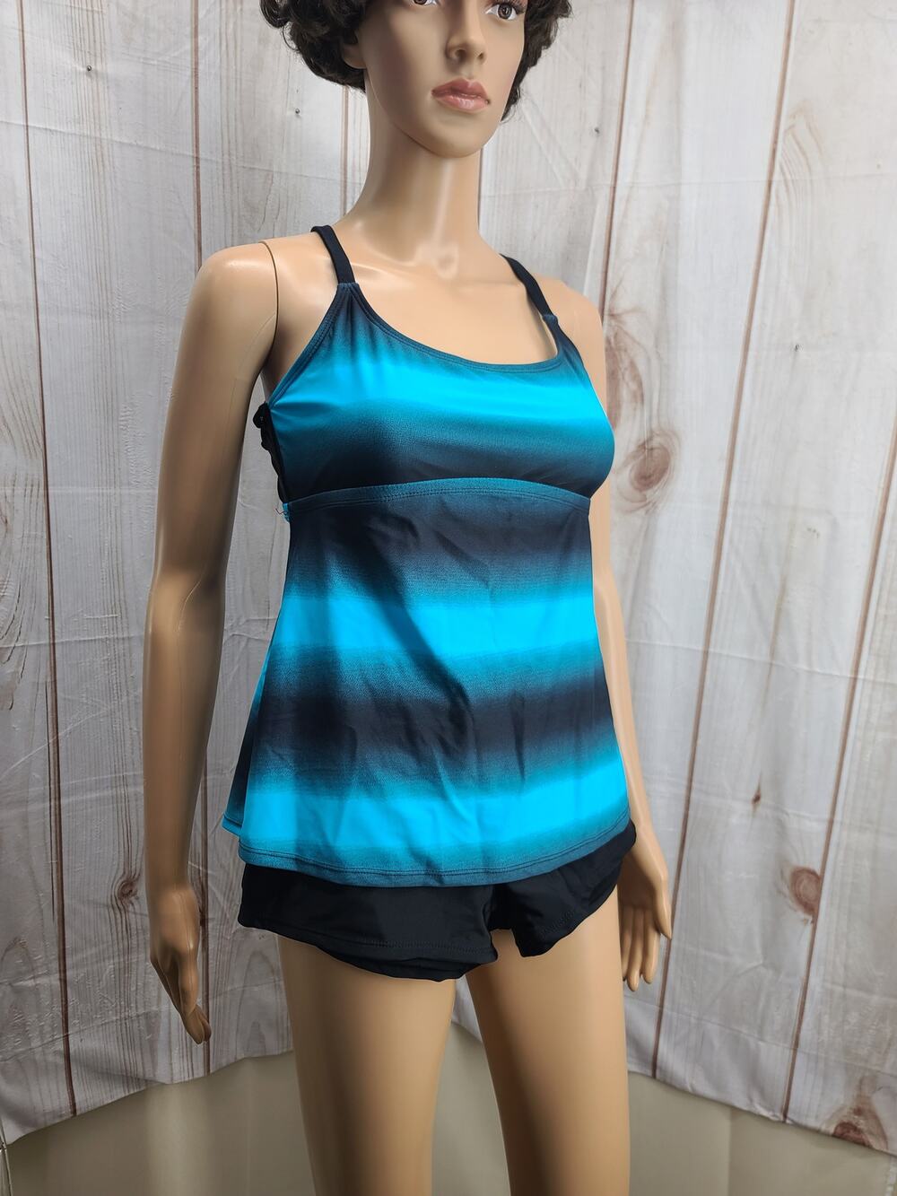 Women M Blue & Black Ombre Tankini Set Swimsuit Racerback Straps